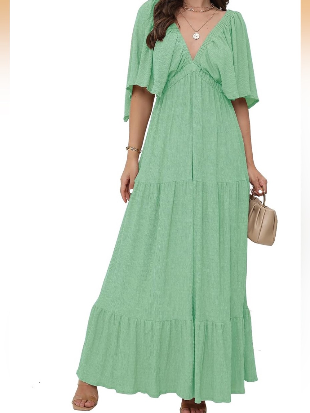 Lemon Olive Green V-Neck Maxi Dress with Flutter Sleeves - Picture 6 of 7